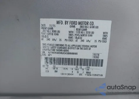 2016 Ford Explorer Xlt from USA, damaged, VIN 1FM5K8D82GGB68895